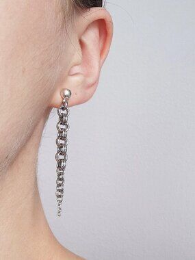 Gothic Medieval chainmail style long dangly spike silver earrings
